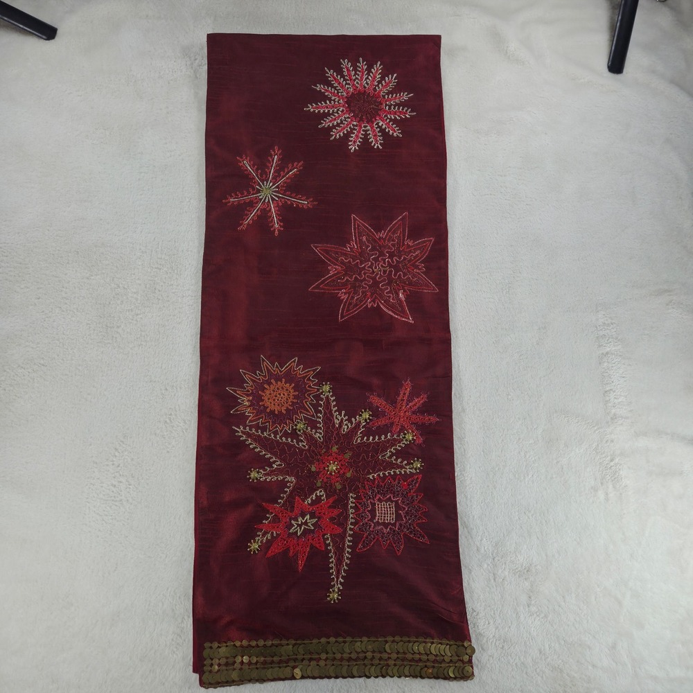 Pier 1 Imports Starburst Table Runner 14x72 Burgundy Red Embroidered Sequin Silk
